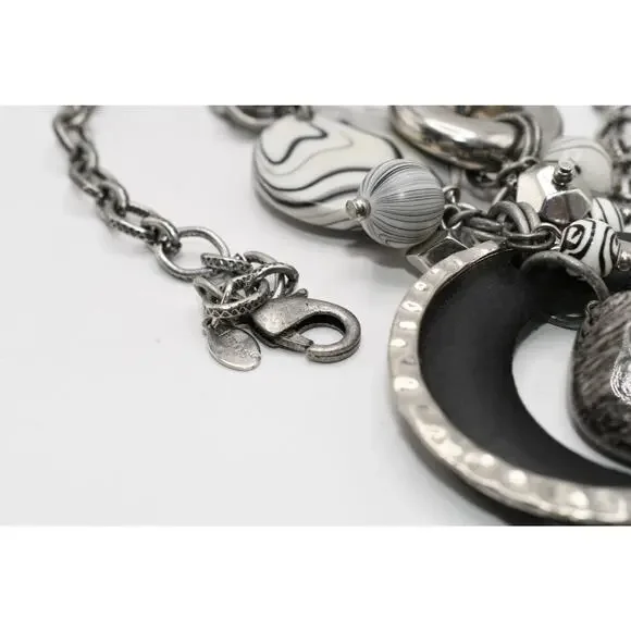 Chico's Statement Necklace Black White Lucite Wood Ring Silver Tone - Picture 10 of 11